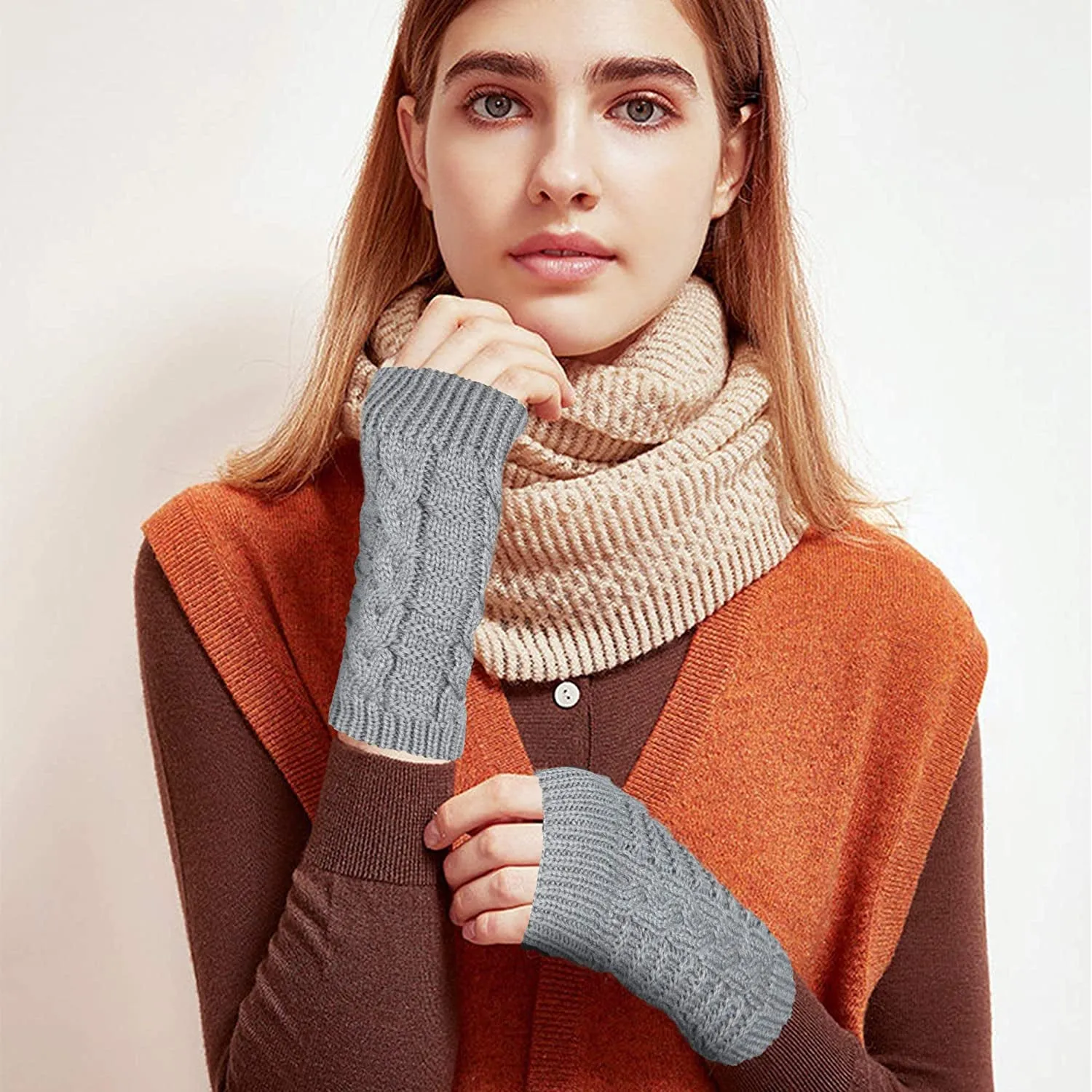 (1 pair) Ladies arm warmers knitted accessory fingerless gloves (One Size) - Black