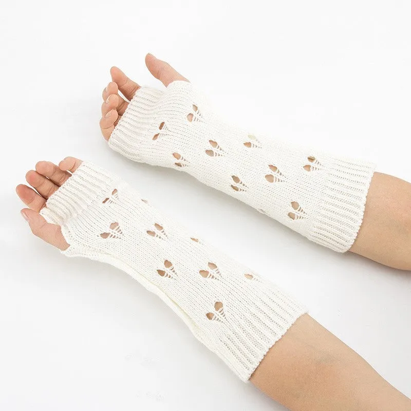 (1 pair) Ladies arm warmers knitted accessory fingerless gloves with heart cut-outs (One Size) - White