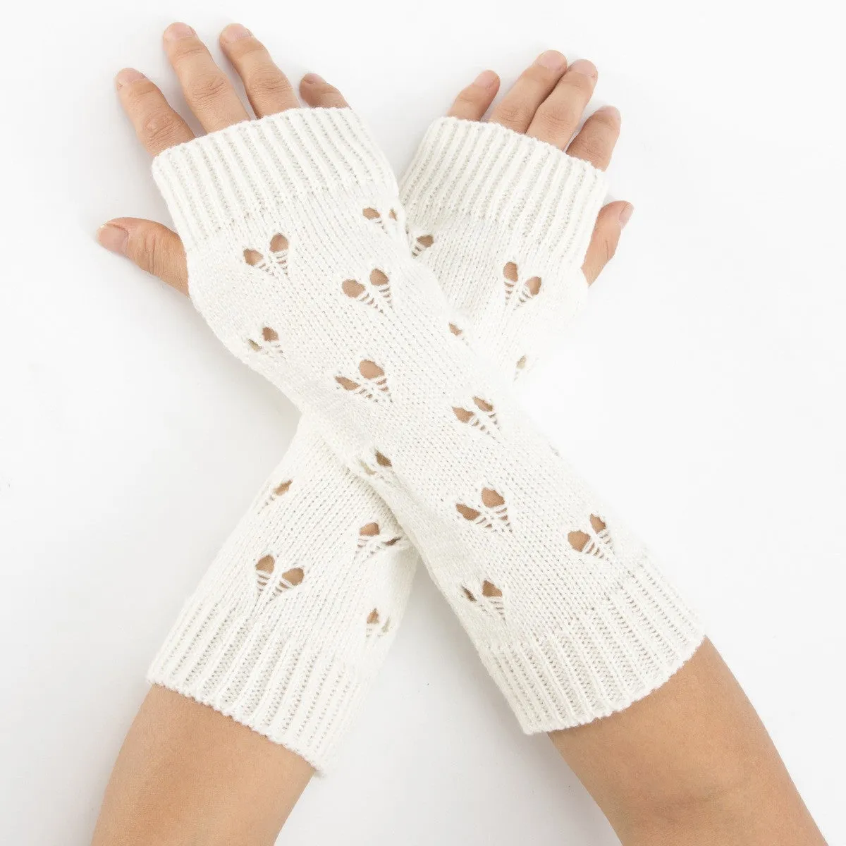 (1 pair) Ladies arm warmers knitted accessory fingerless gloves with heart cut-outs (One Size) - White