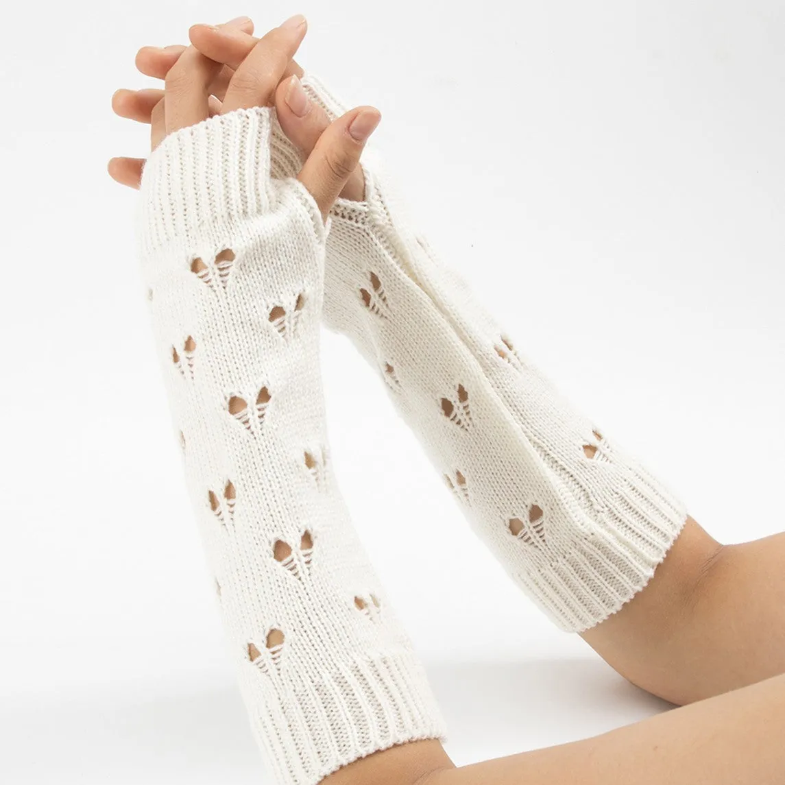 (1 pair) Ladies arm warmers knitted accessory fingerless gloves with heart cut-outs (One Size) - White