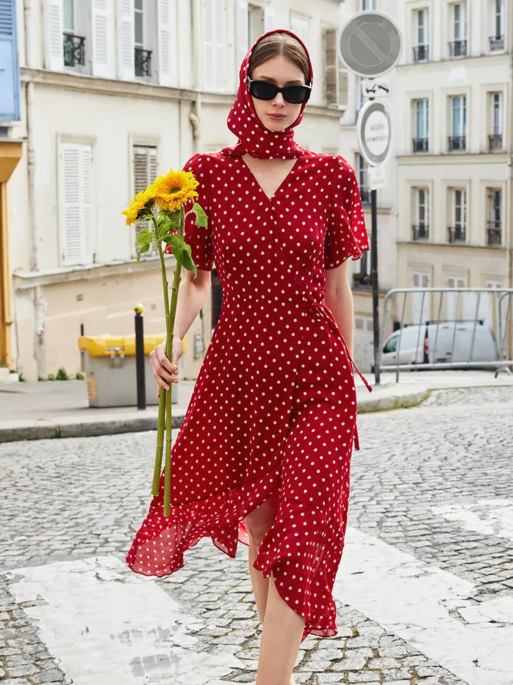 10 Momme Mulberry Silk Polka Dots Print Wrapped Ruffle Women Midi Dress