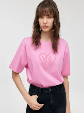 100% Cotton Sequins Heart-Shape Embroidered Women T-shirt