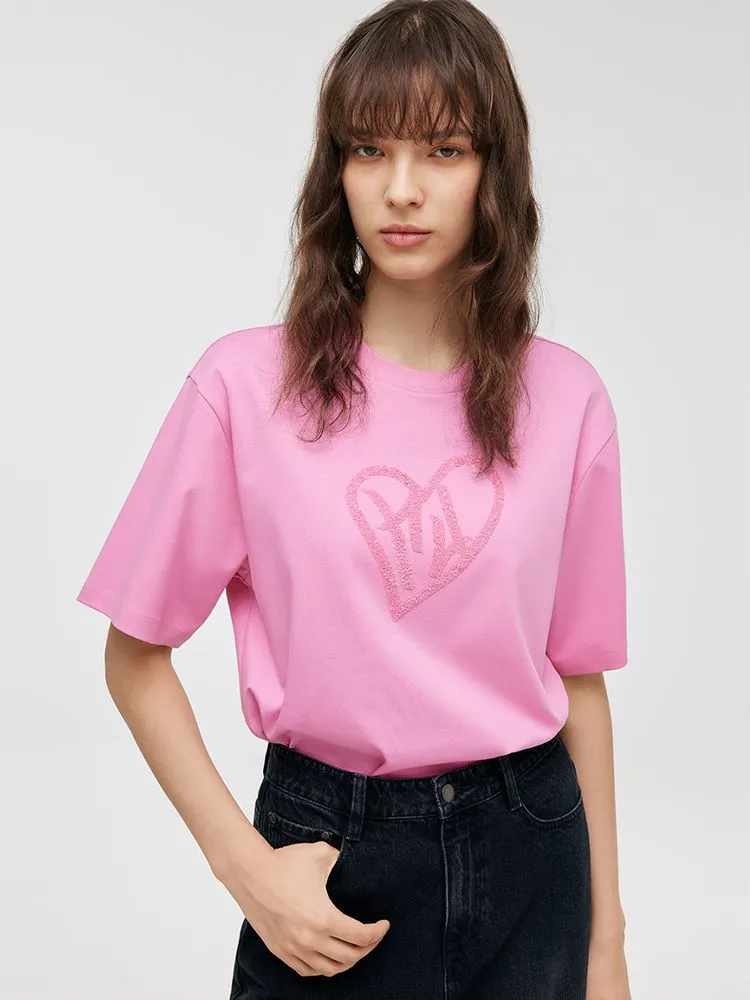 100% Cotton Sequins Heart-Shape Embroidered Women T-shirt
