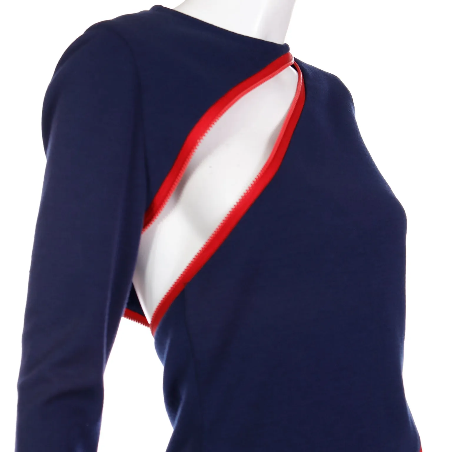 1980s Bill Blass Blue Knit Vintage Dress With Red Zippers