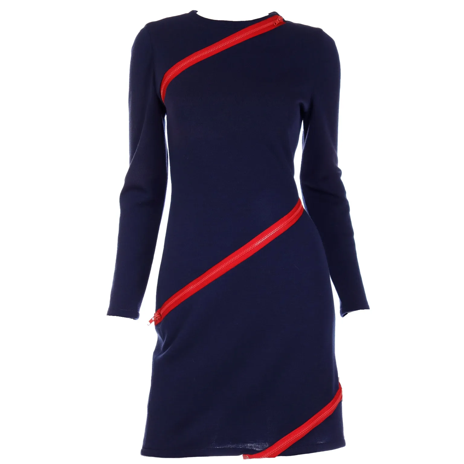 1980s Bill Blass Blue Knit Vintage Dress With Red Zippers