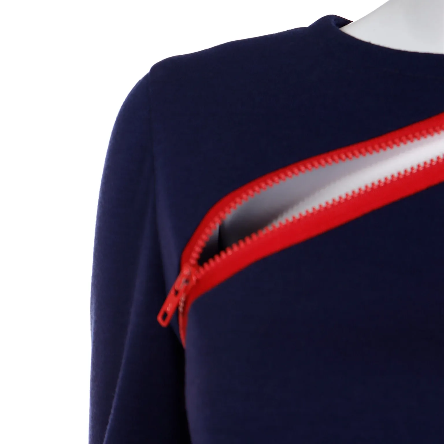 1980s Bill Blass Blue Knit Vintage Dress With Red Zippers