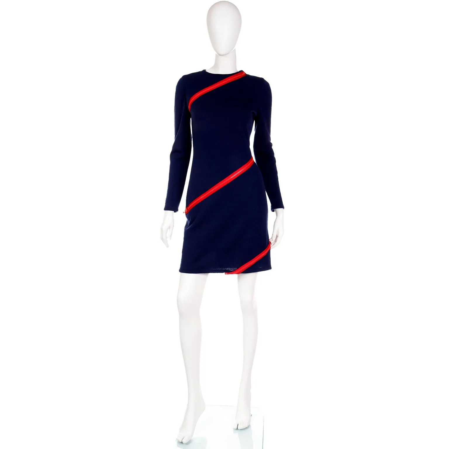 1980s Bill Blass Blue Knit Vintage Dress With Red Zippers