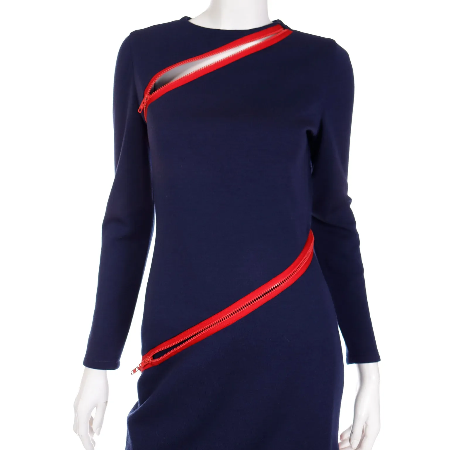 1980s Bill Blass Blue Knit Vintage Dress With Red Zippers