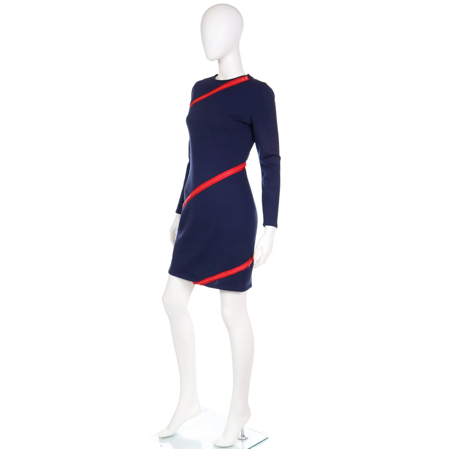 1980s Bill Blass Blue Knit Vintage Dress With Red Zippers