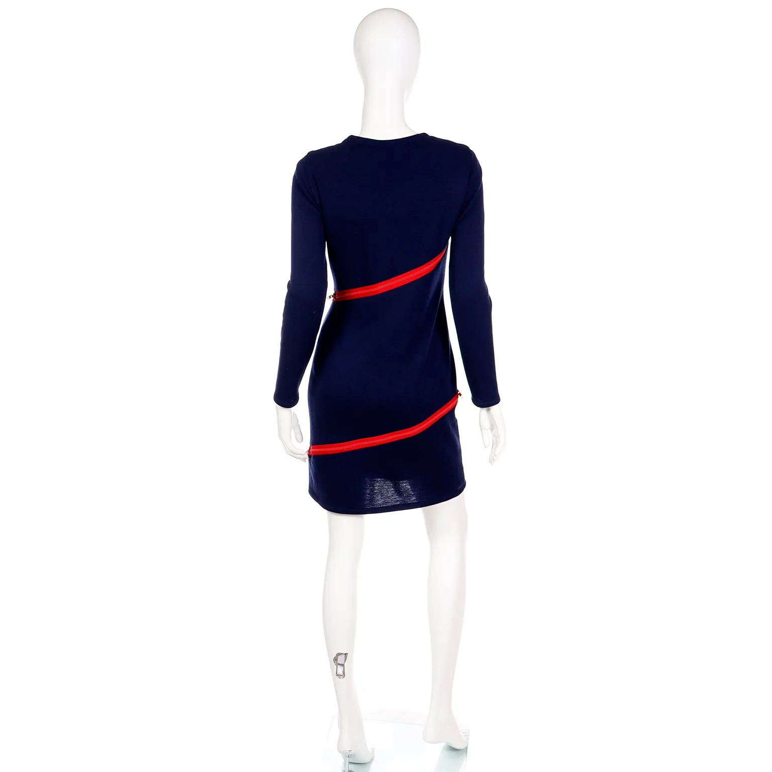 1980s Bill Blass Blue Knit Vintage Dress With Red Zippers