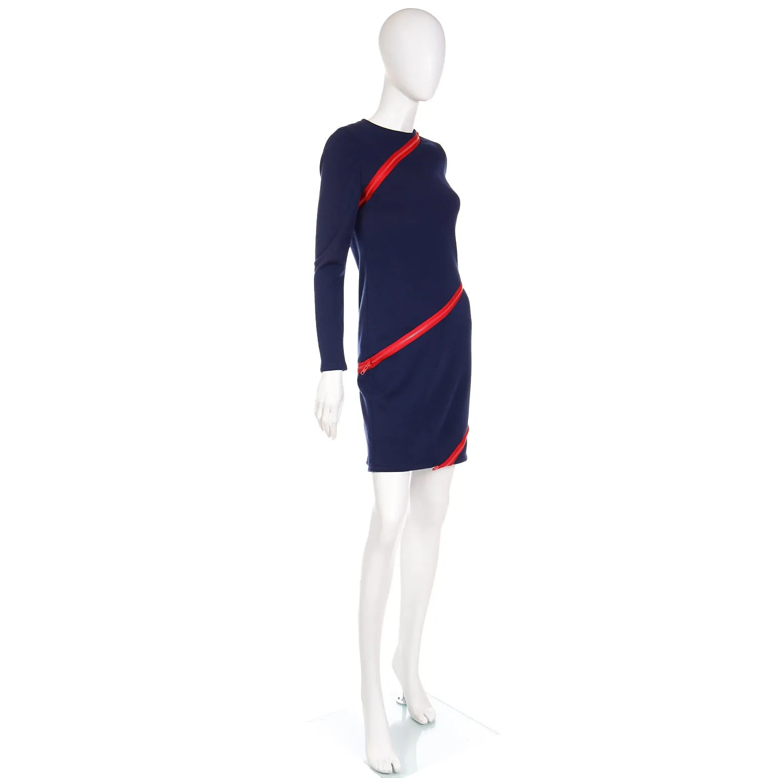 1980s Bill Blass Blue Knit Vintage Dress With Red Zippers