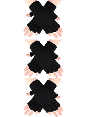 3 Pairs Half Finger Gloves Winter Fingerless Gloves Knit Gloves for Men Women Black