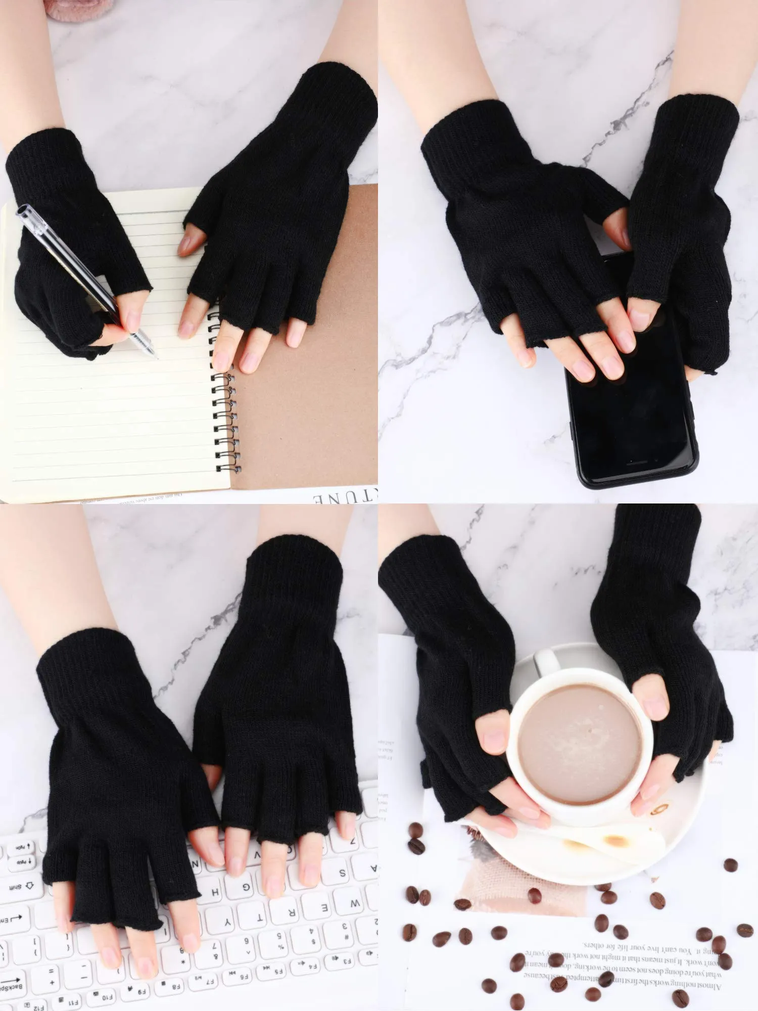 3 Pairs Half Finger Gloves Winter Fingerless Gloves Knit Gloves for Men Women Black
