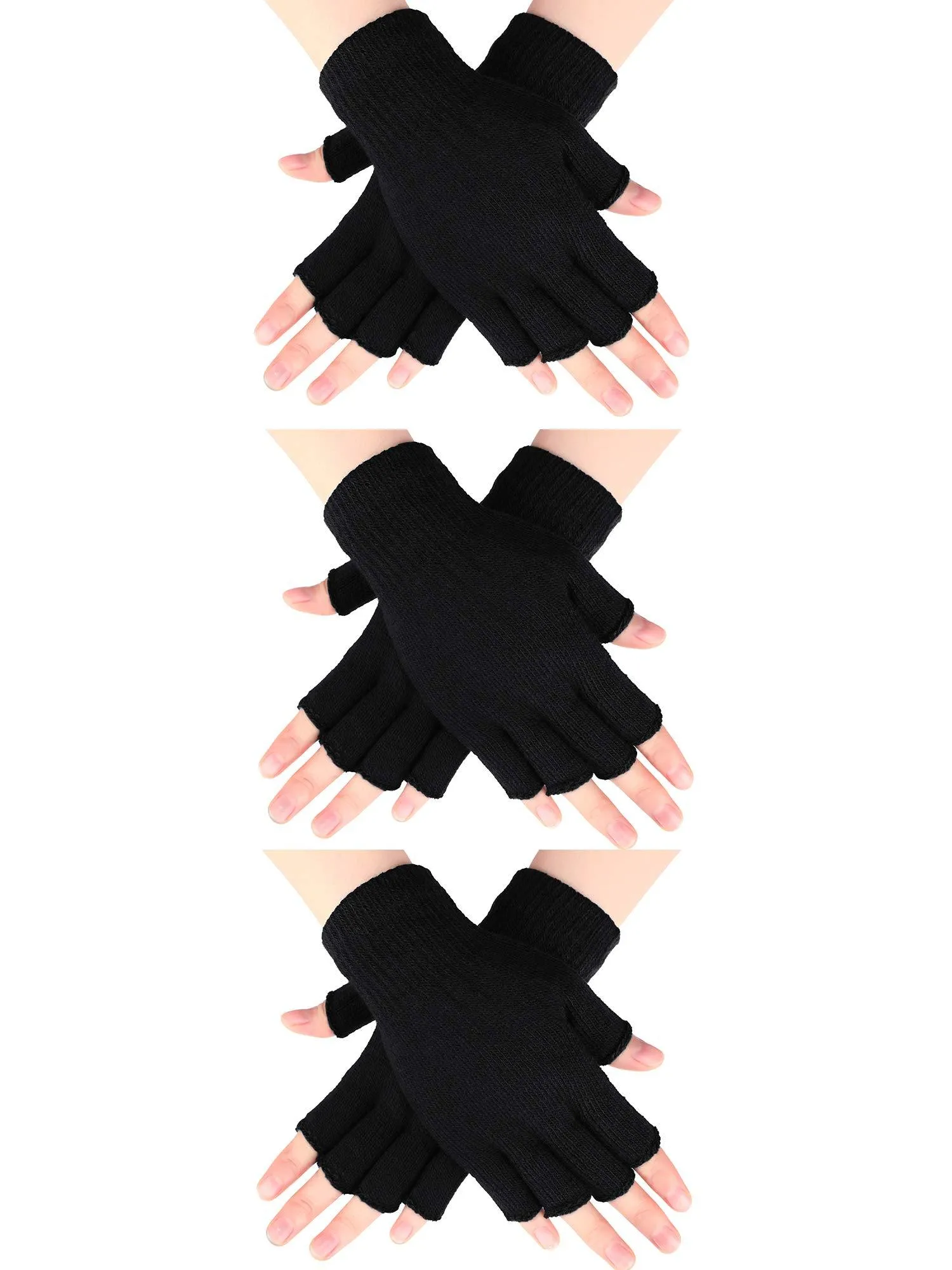 3 Pairs Half Finger Gloves Winter Fingerless Gloves Knit Gloves for Men Women Black