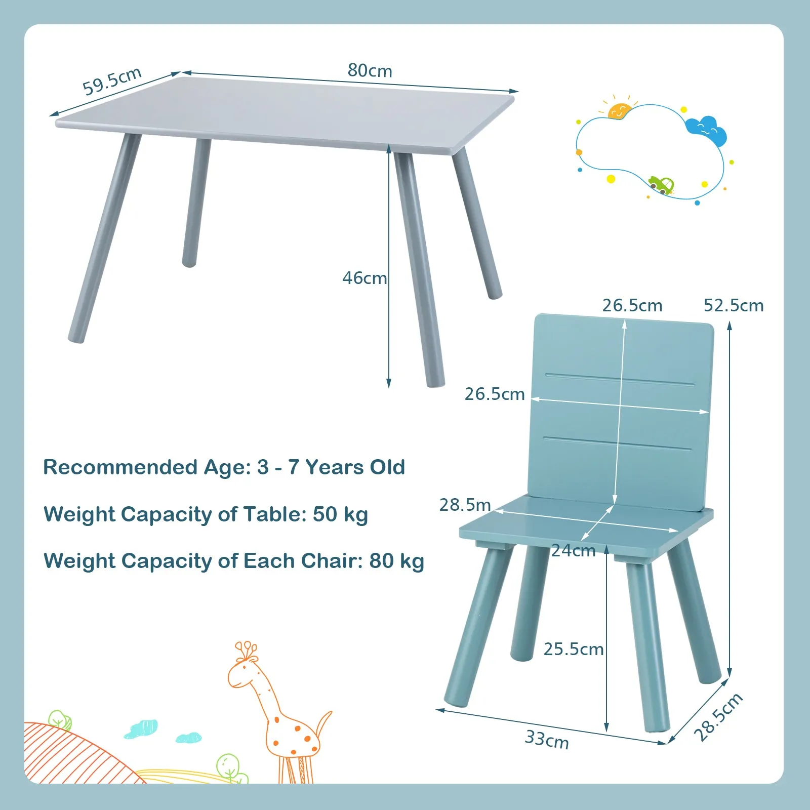5-Piece Kids Table and Chair Set with Building Blocks for Playing Writing-Blue