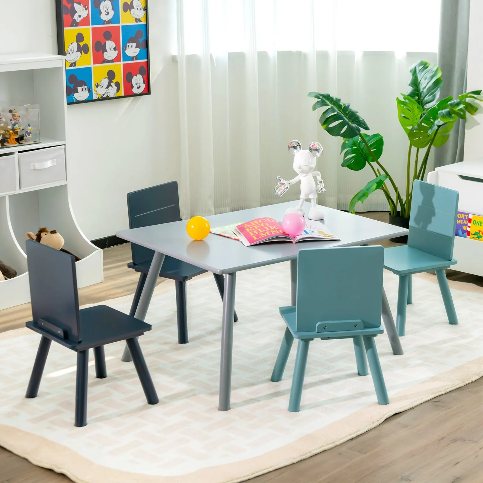5-Piece Kids Table and Chair Set with Building Blocks for Playing Writing-Blue