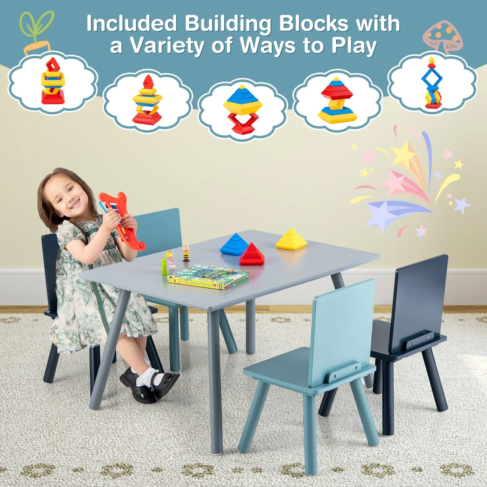 5-Piece Kids Table and Chair Set with Building Blocks for Playing Writing-Blue