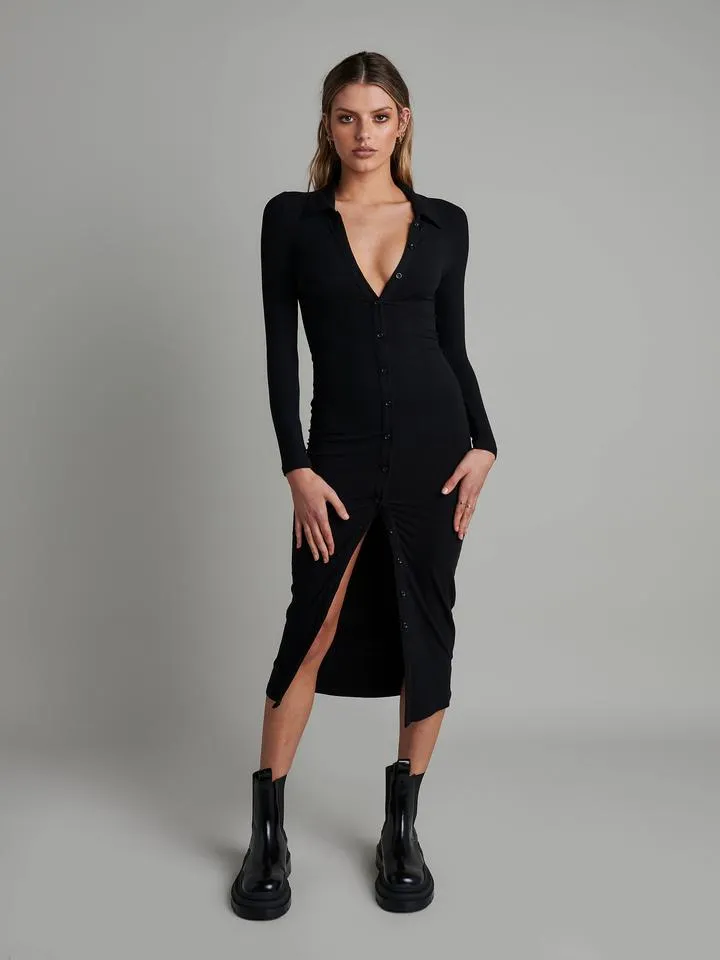 Bayse Brand WOMENS POLO LONG SLEEVE MAXI DRESS  - BLACK