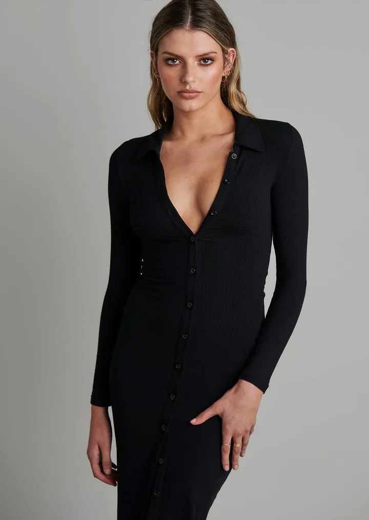 Bayse Brand WOMENS POLO LONG SLEEVE MAXI DRESS  - BLACK
