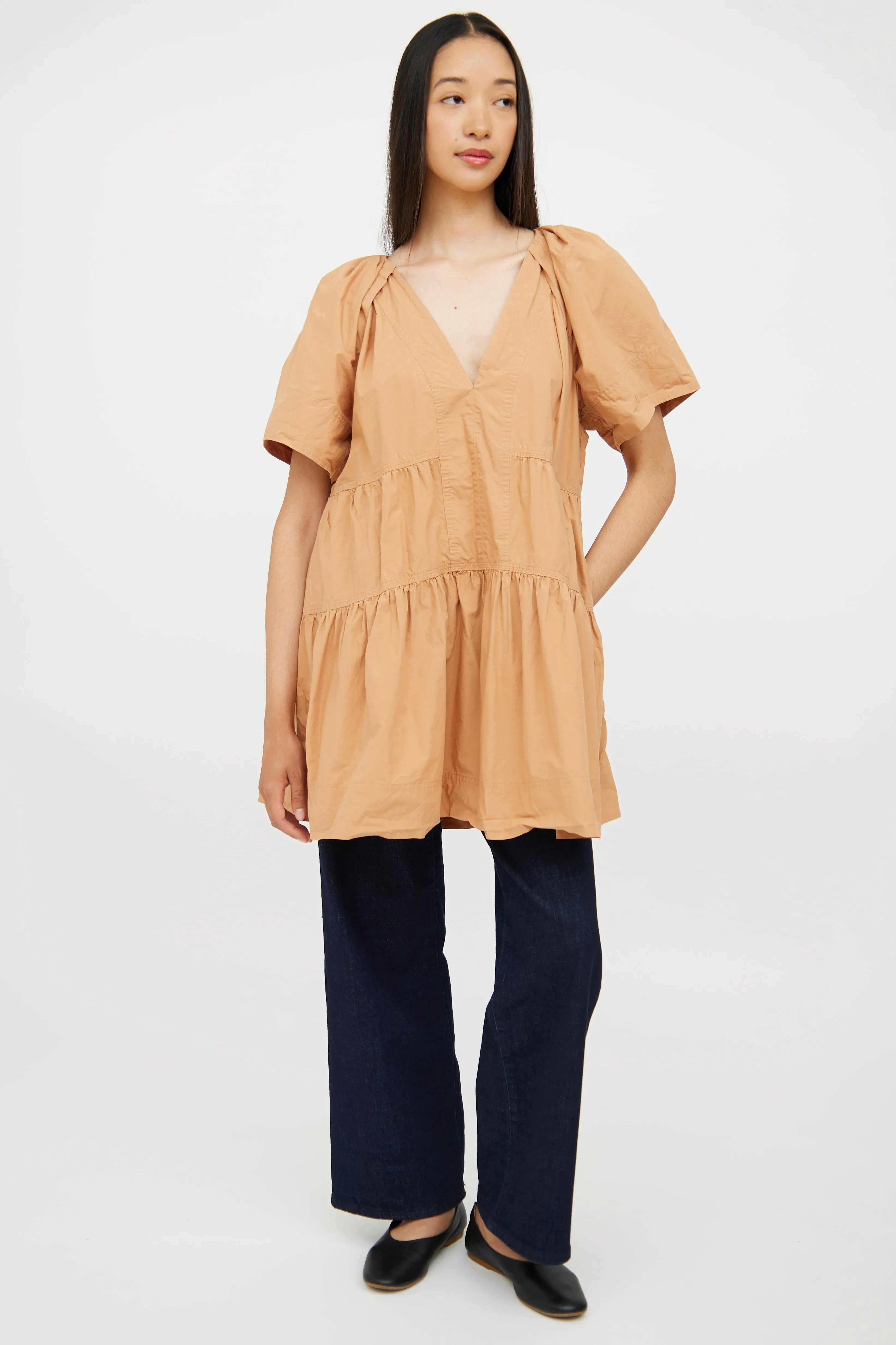 Brown Cotton Tiered Mini Dress