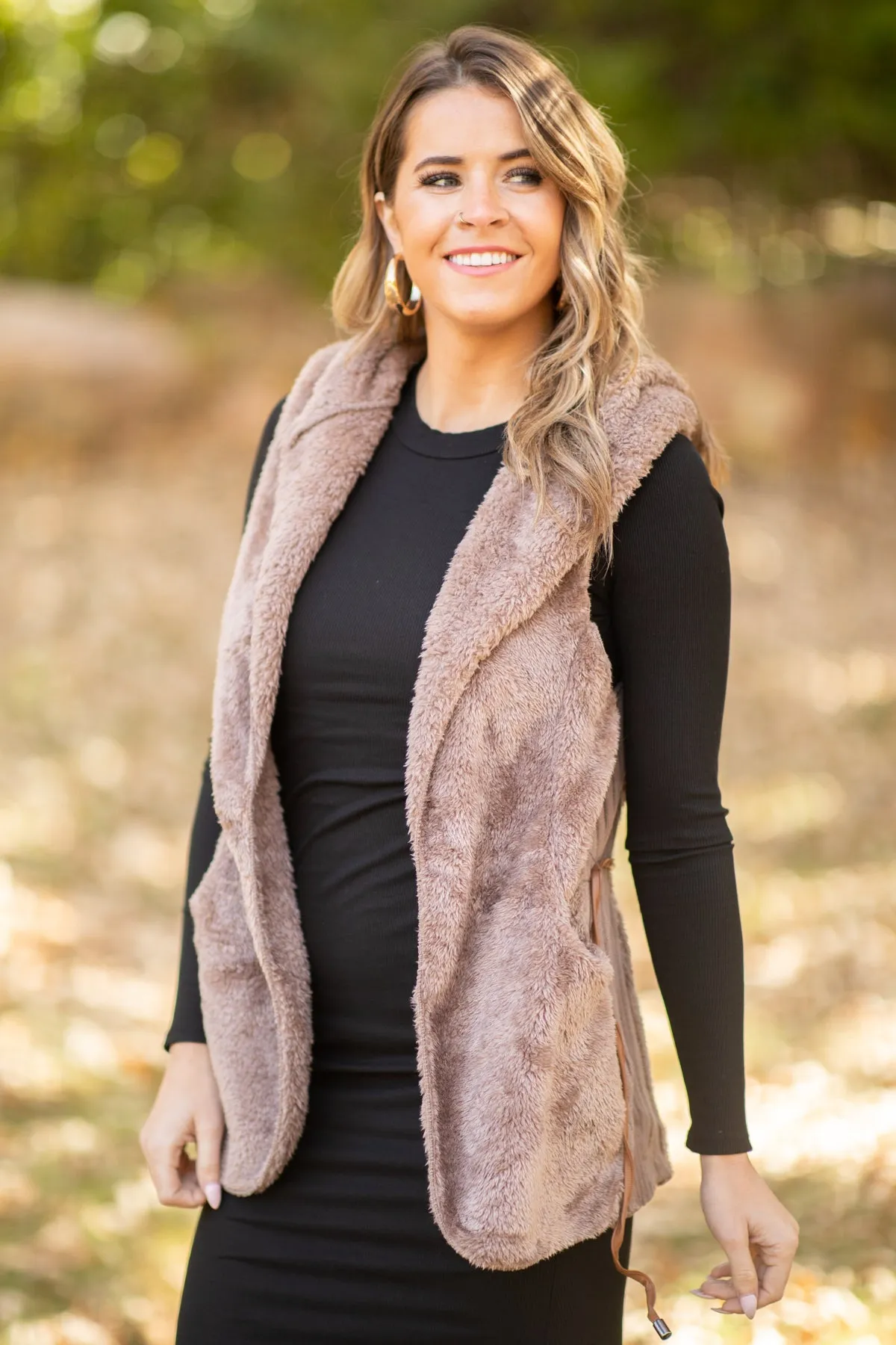 Brown Faux Fur Vest With Tie Waist