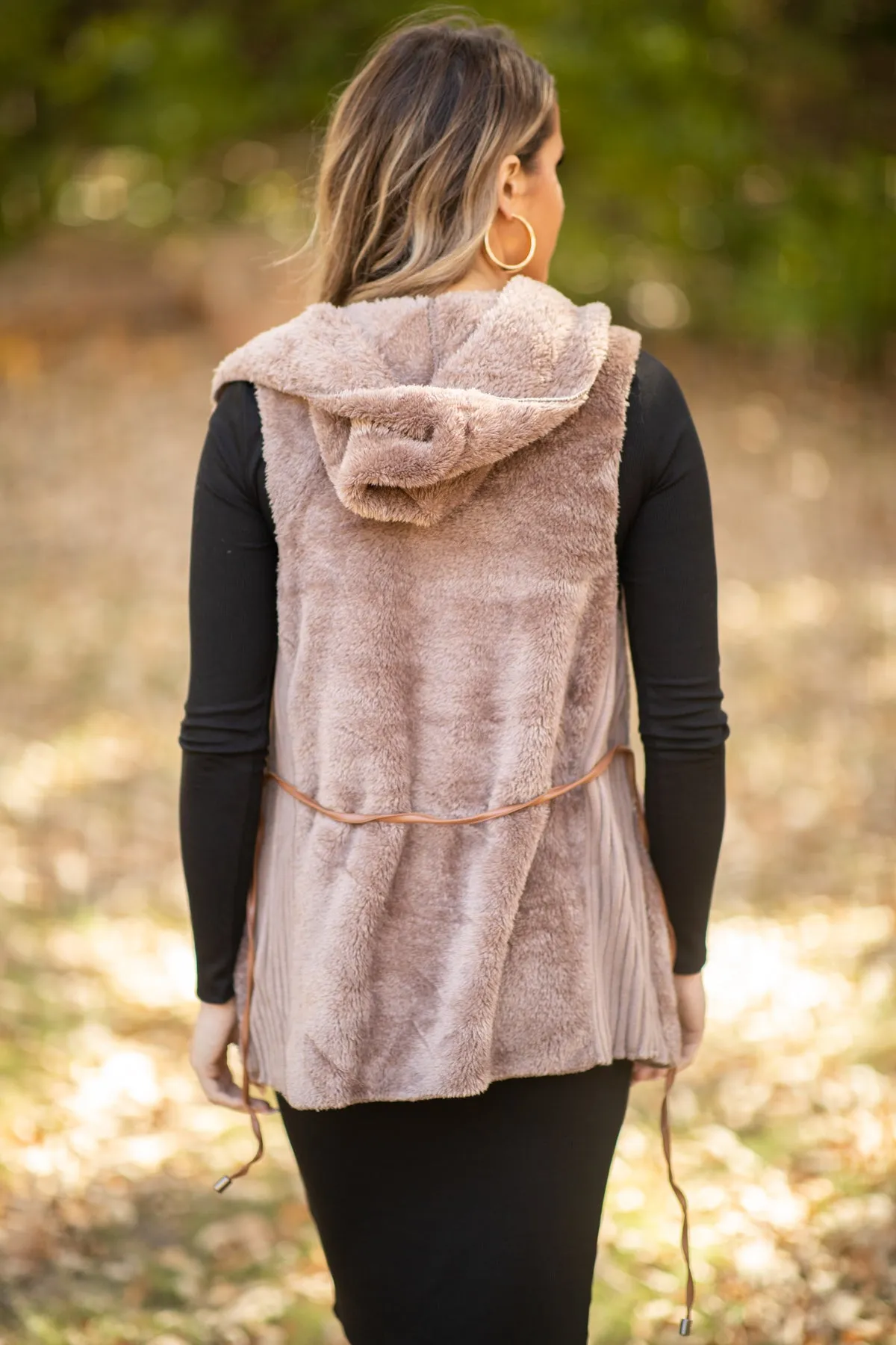 Brown Faux Fur Vest With Tie Waist