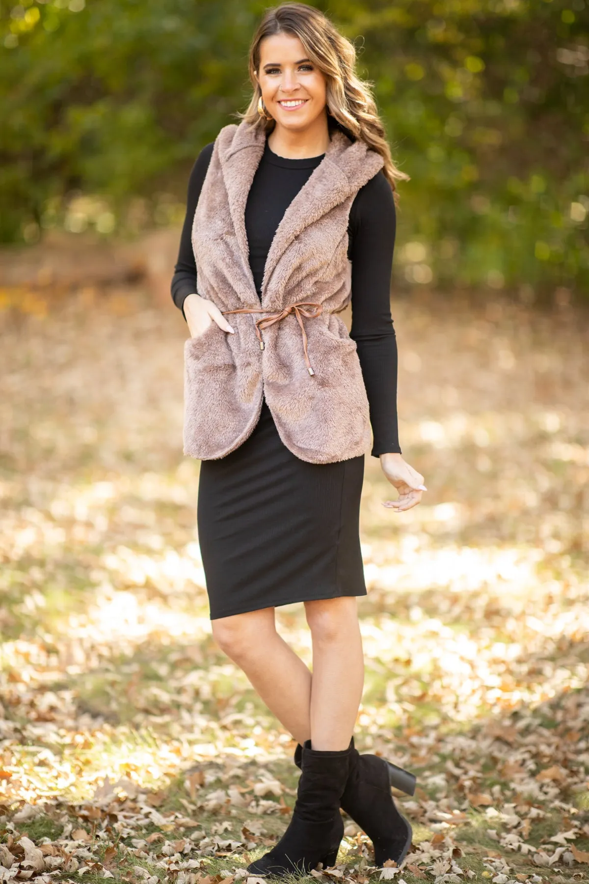 Brown Faux Fur Vest With Tie Waist