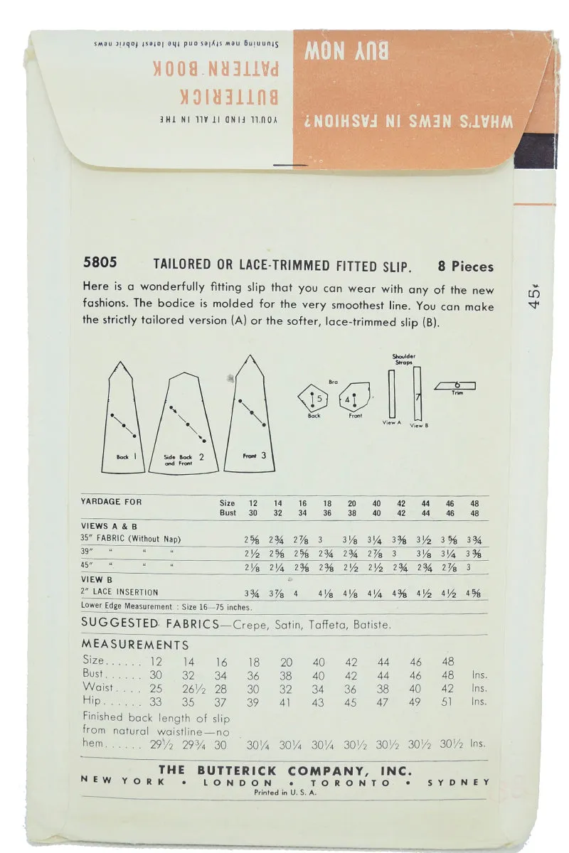 Butterick 5805 Vintage 1951 Full Slip Lingerie Sewing Pattern