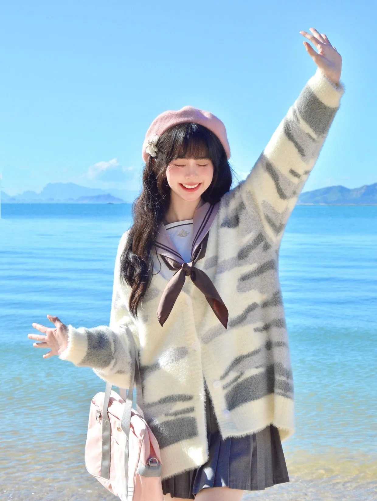 Calico Cat & Gray Tabby Cat Faux Mink Fur Cardigan Sweater