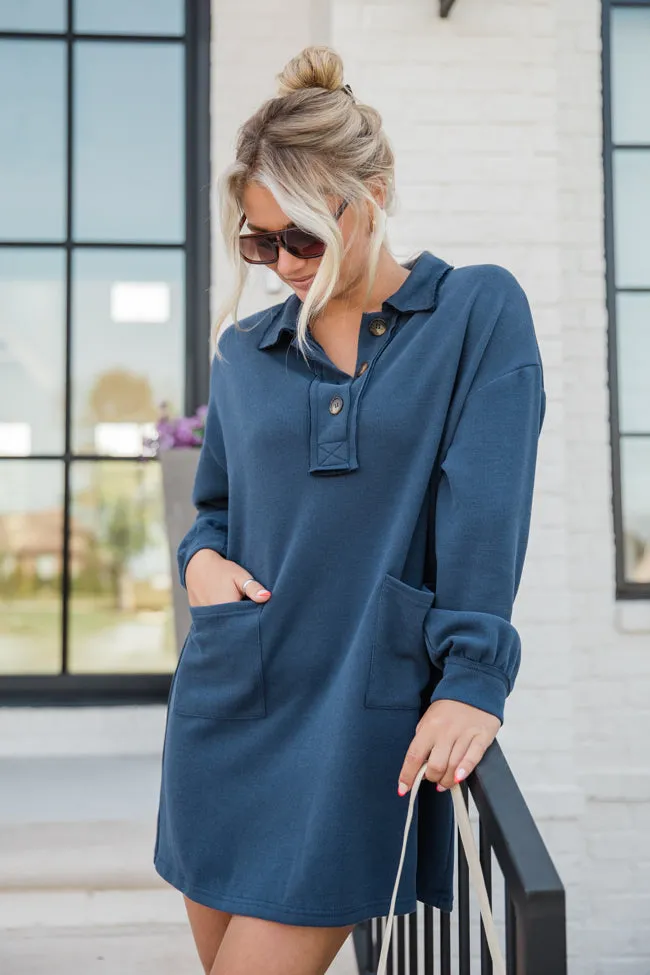 Coffee Chat Navy Button Front Knit Dress