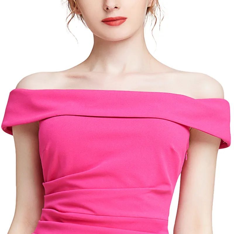 D012 Women solid knit cold shoulder short sleeves fitted midi party dress