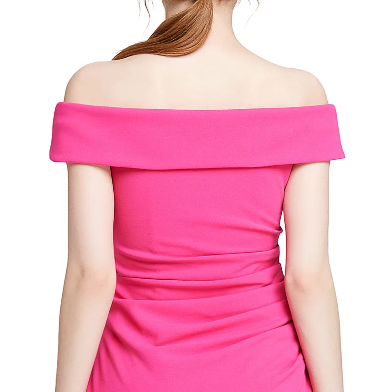 D012 Women solid knit cold shoulder short sleeves fitted midi party dress