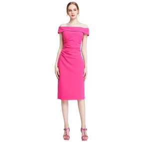 D012 Women solid knit cold shoulder short sleeves fitted midi party dress