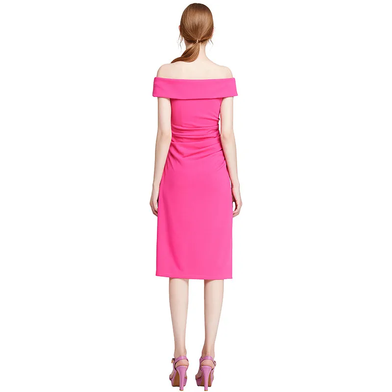 D012 Women solid knit cold shoulder short sleeves fitted midi party dress