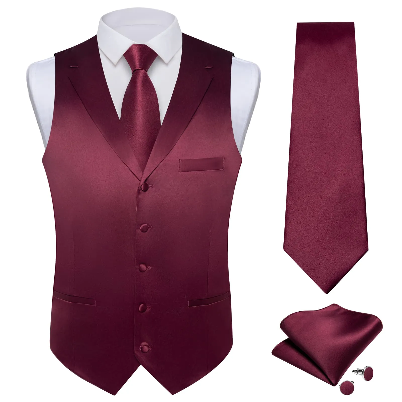 DiBanGu Tuxedo Waistcoat Dark Burgundy Solid Notched Collar Mens Dress Work Vest