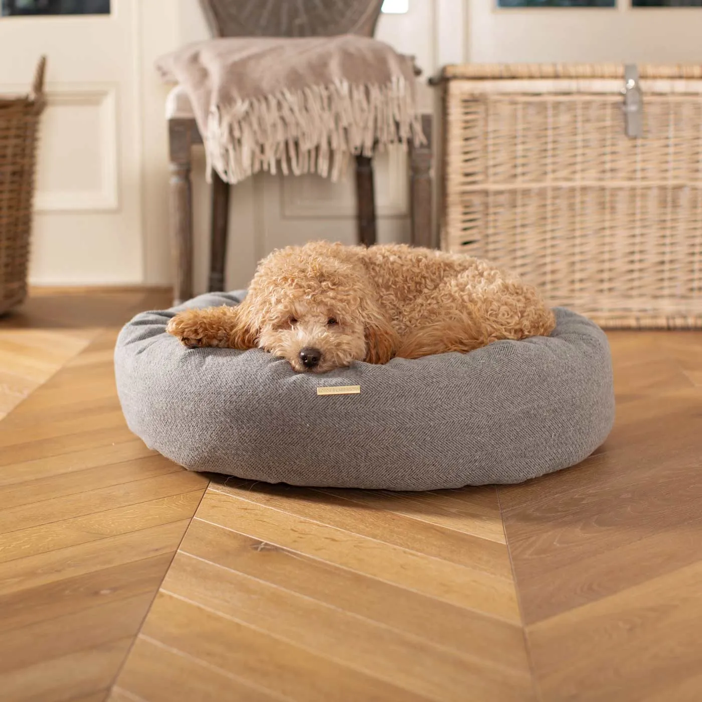 Donut Bed With Removable Covers in Pewter Herringbone Tweed by Lords & Labradors