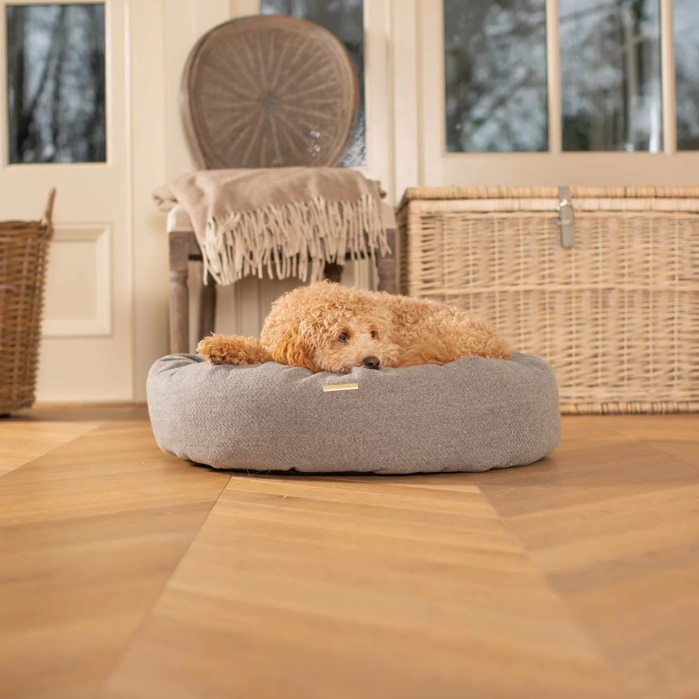 Donut Bed With Removable Covers in Pewter Herringbone Tweed by Lords & Labradors