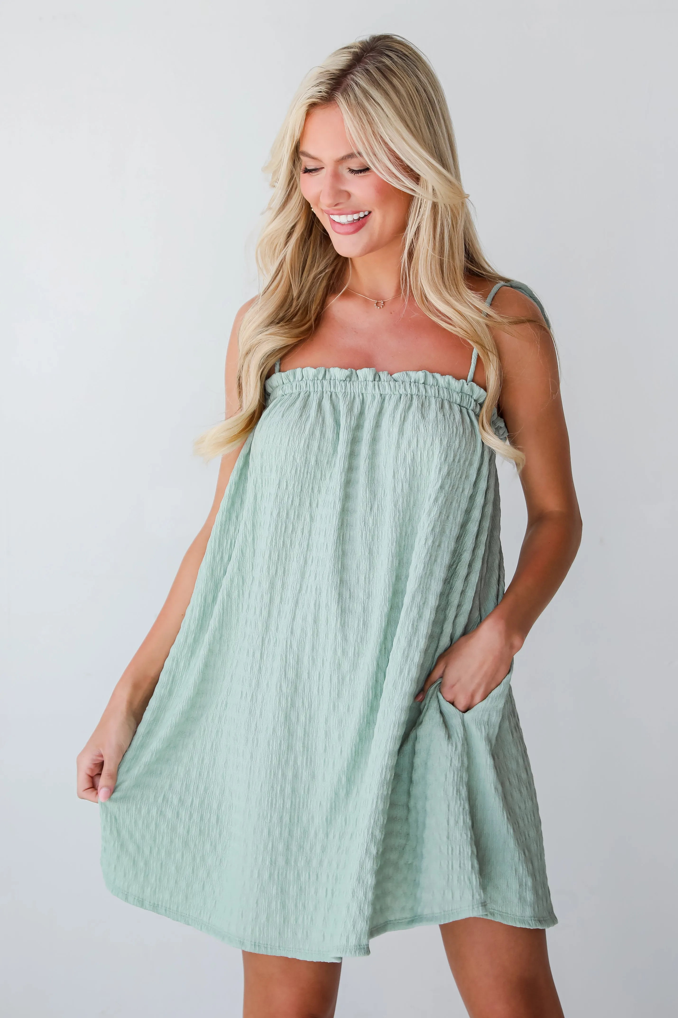 FINAL SALE - Lighthearted Days Sage Textured Mini Dress