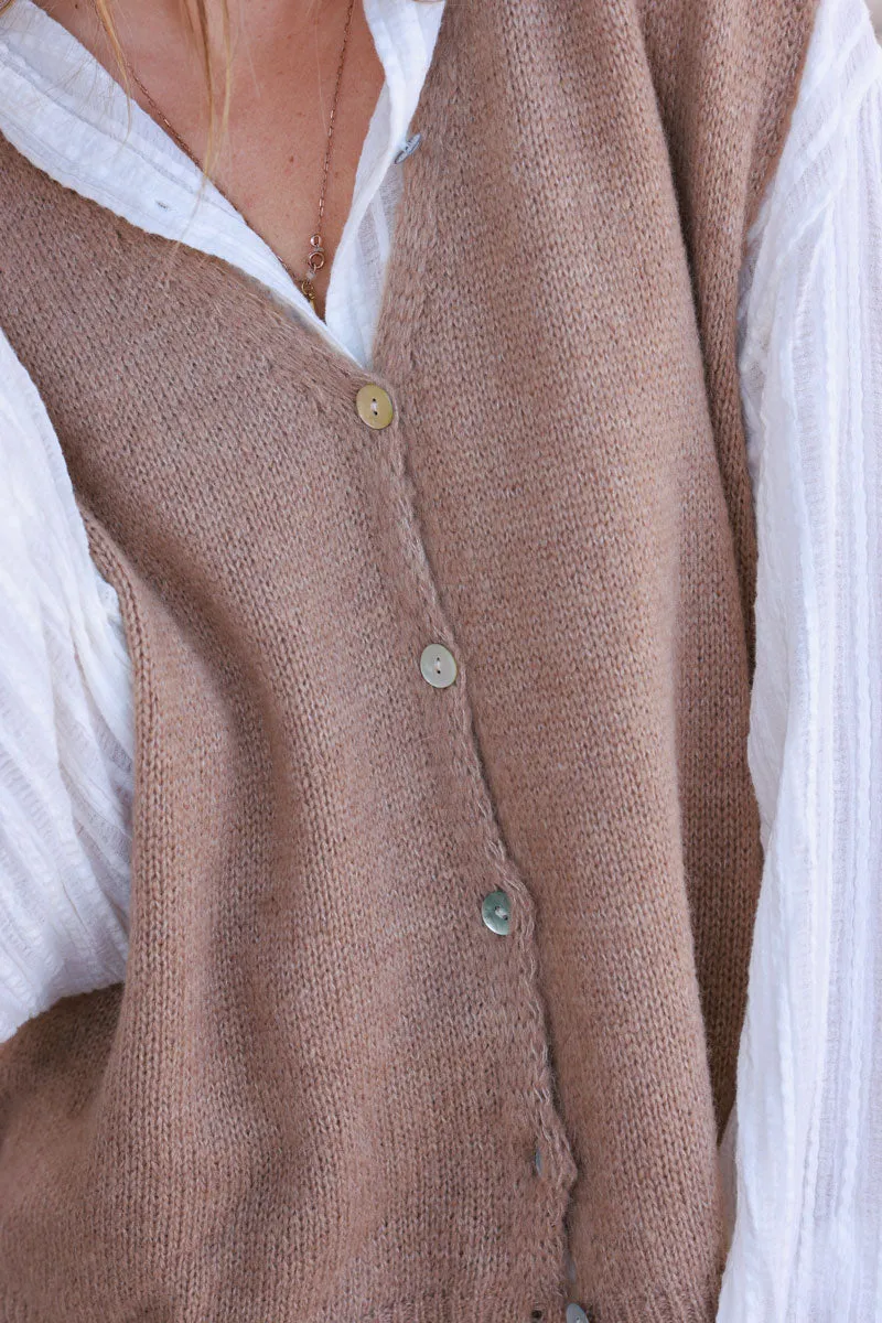 Gilet sans manches camel en maille boutons nacrés