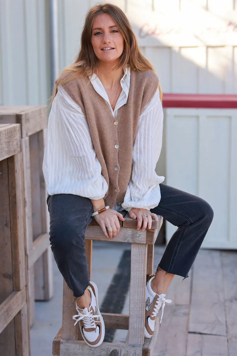 Gilet sans manches camel en maille boutons nacrés