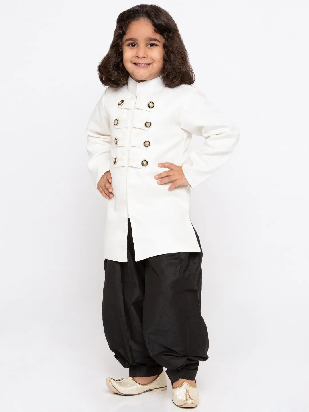 Jashvi Boy's White & Black Solid Slim-Fit Sherwani Set