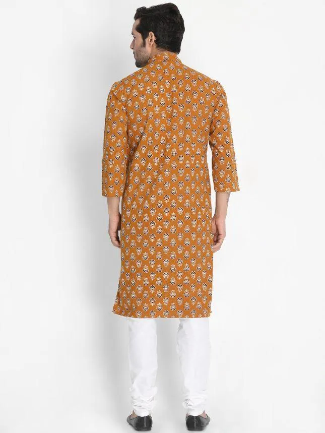 Jashvi Men's Yellow Cotton Blend Kurta and Churidar Set