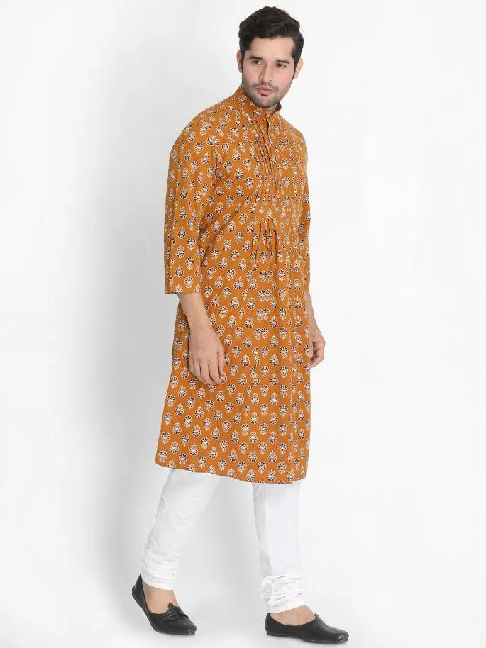Jashvi Men's Yellow Cotton Blend Kurta and Churidar Set