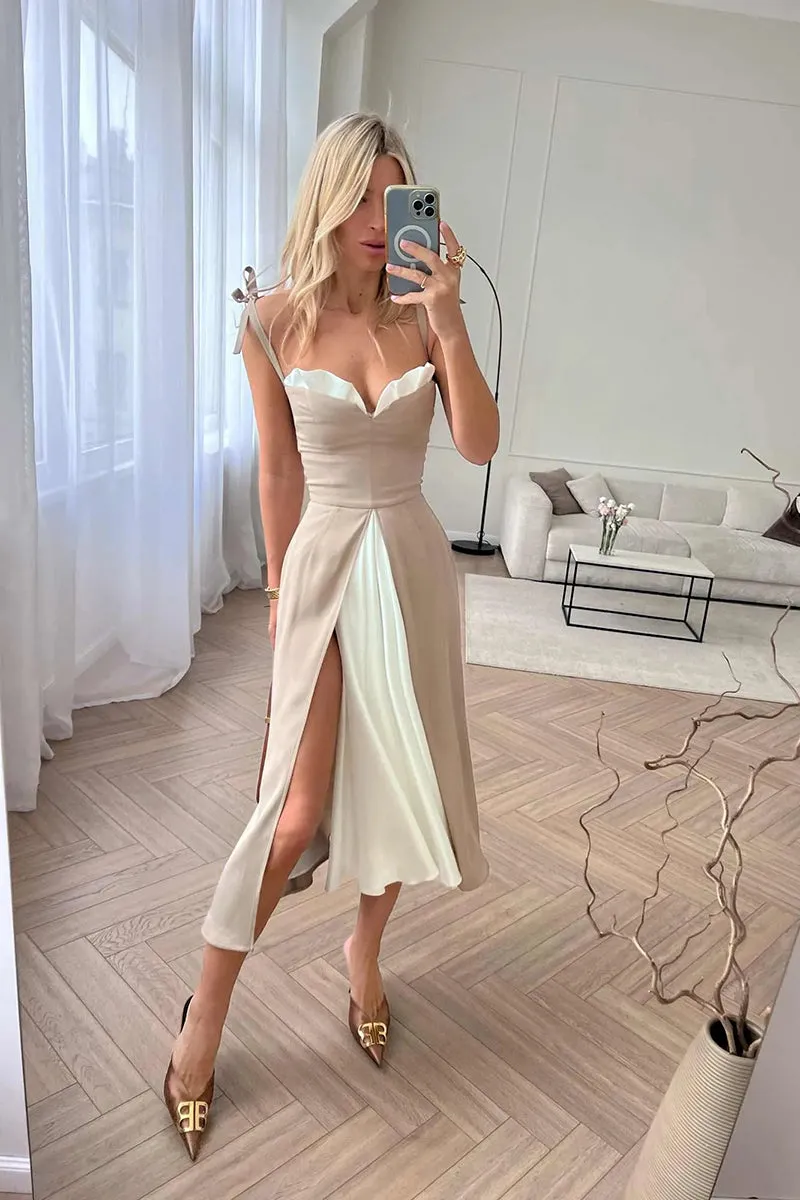L1952 - Sweetheart Sleeveless Ruched Satin A-Line Midi Evening Dress With Slit