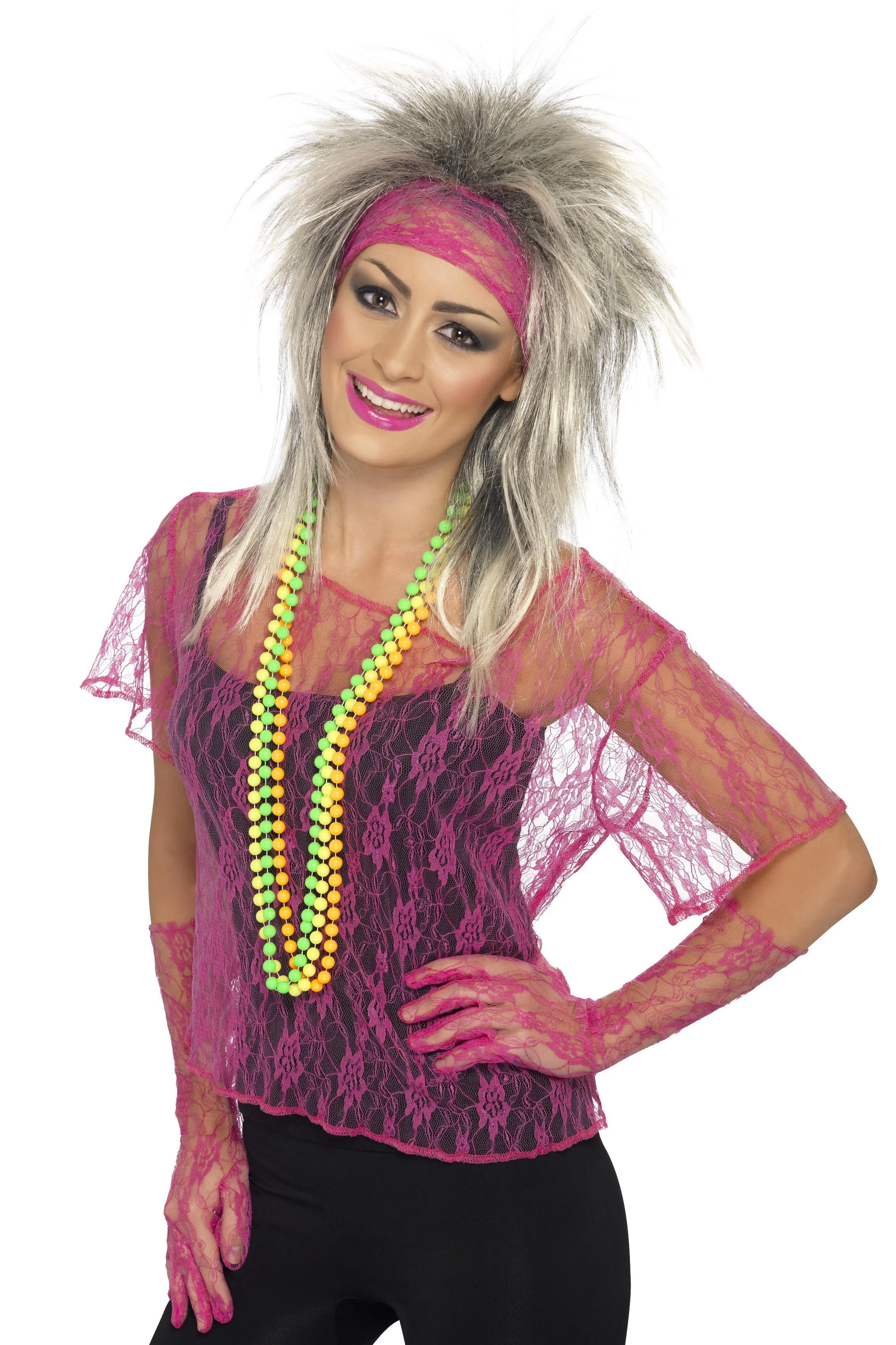 Lace Net Vest, Gloves & Headband, Neon Pink