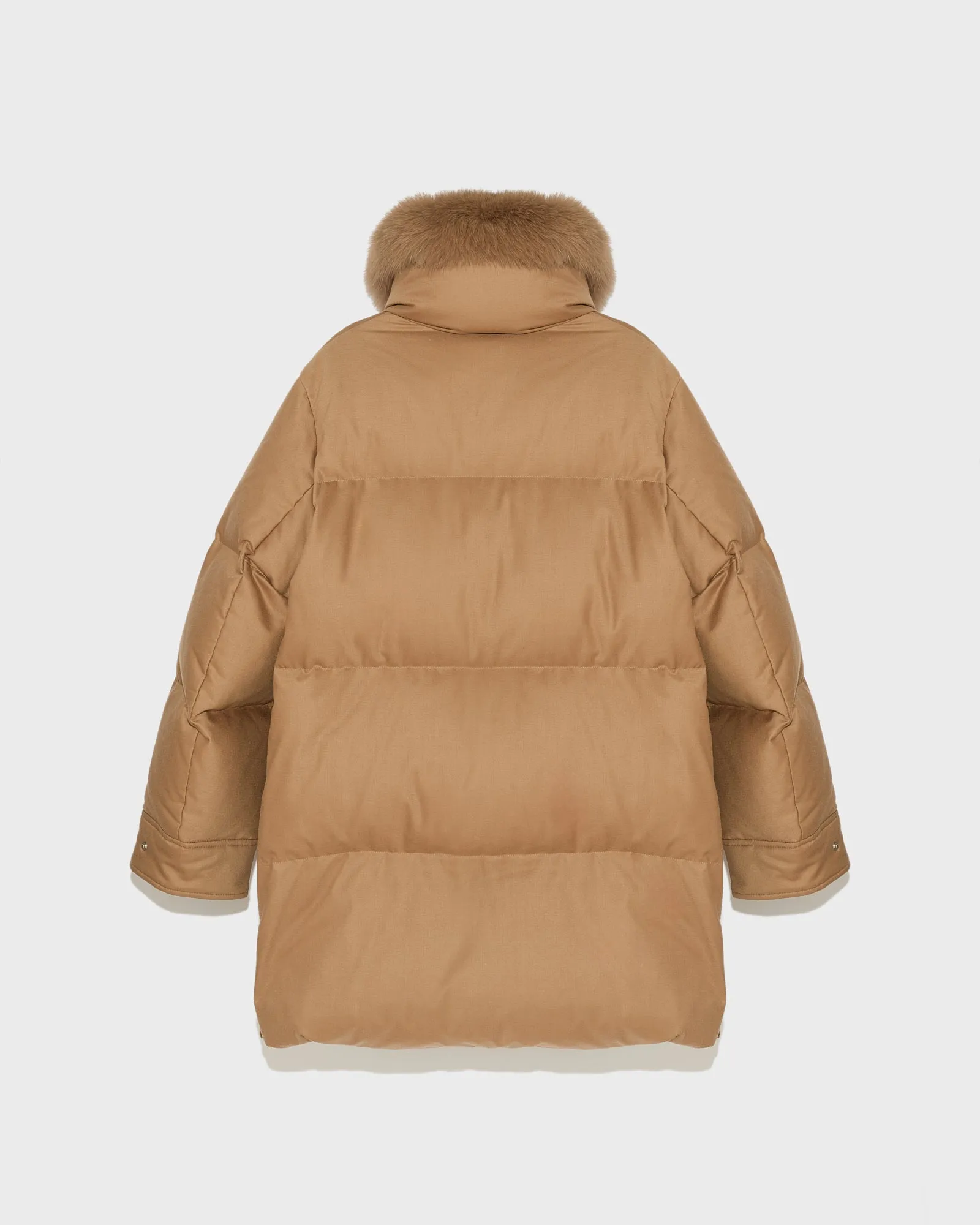 Mid-length down jacket in Loro Piana flannel fabric with detachable fox fur collar