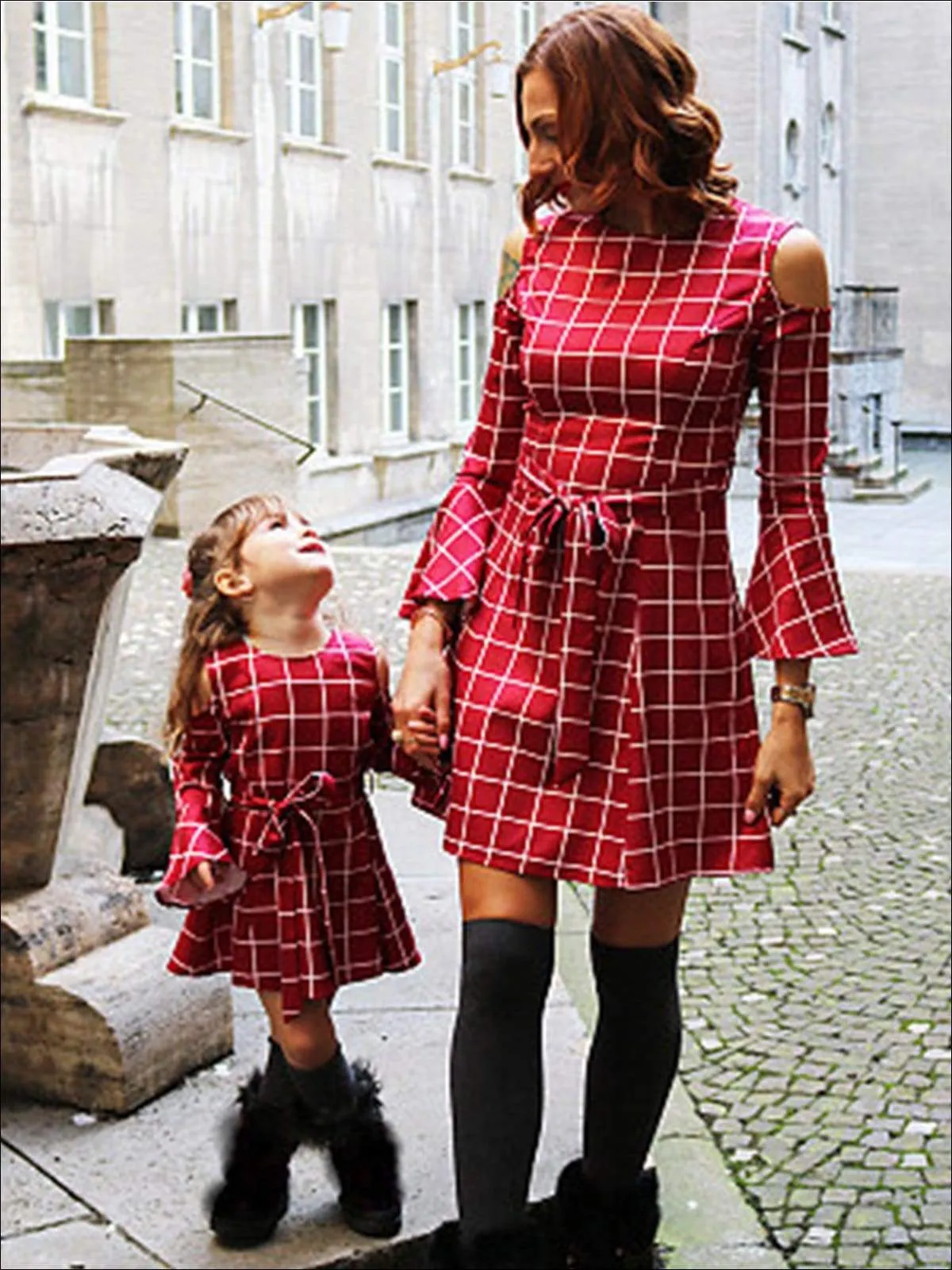 Mommy And Me Plaid Cold Shoulder Dress