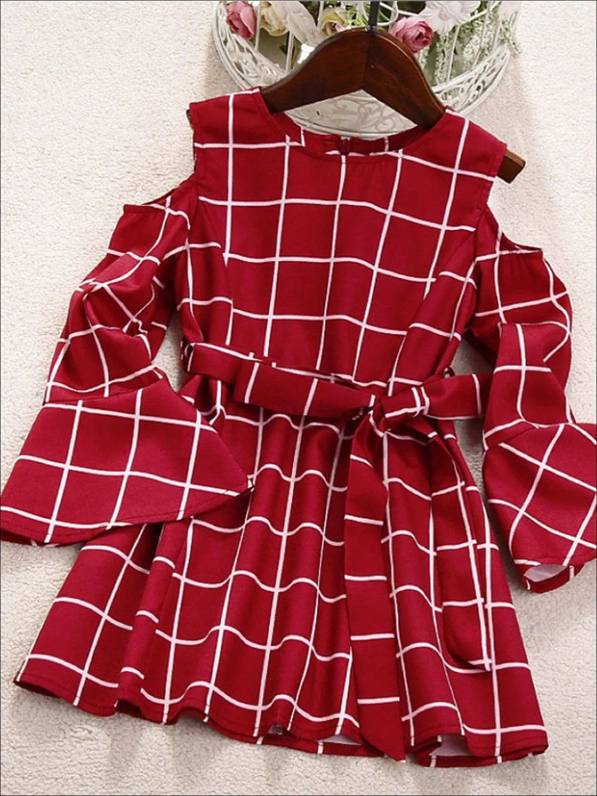 Mommy And Me Plaid Cold Shoulder Dress