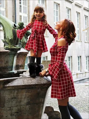 Mommy And Me Plaid Cold Shoulder Dress