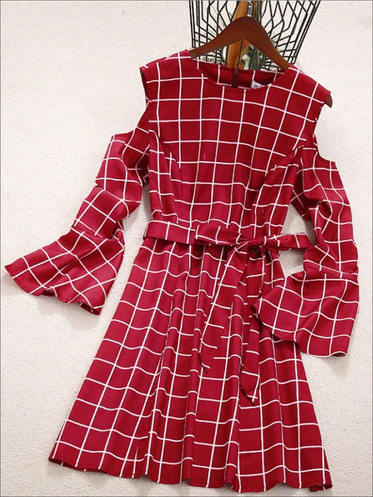 Mommy And Me Plaid Cold Shoulder Dress